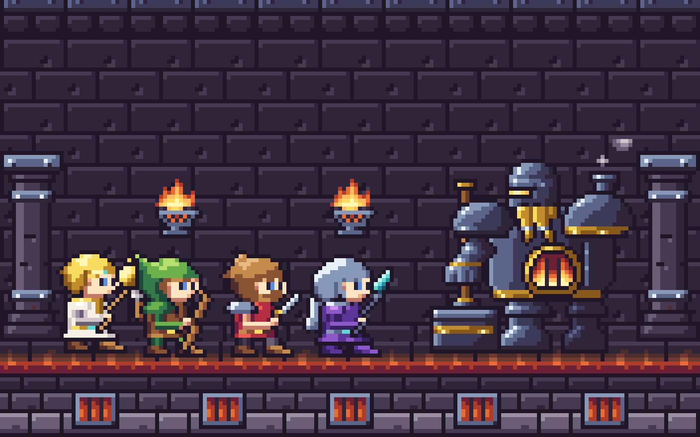 Lootwatch sprites arranged together: seven monsters, four bosses and the six heroes on a grass floor